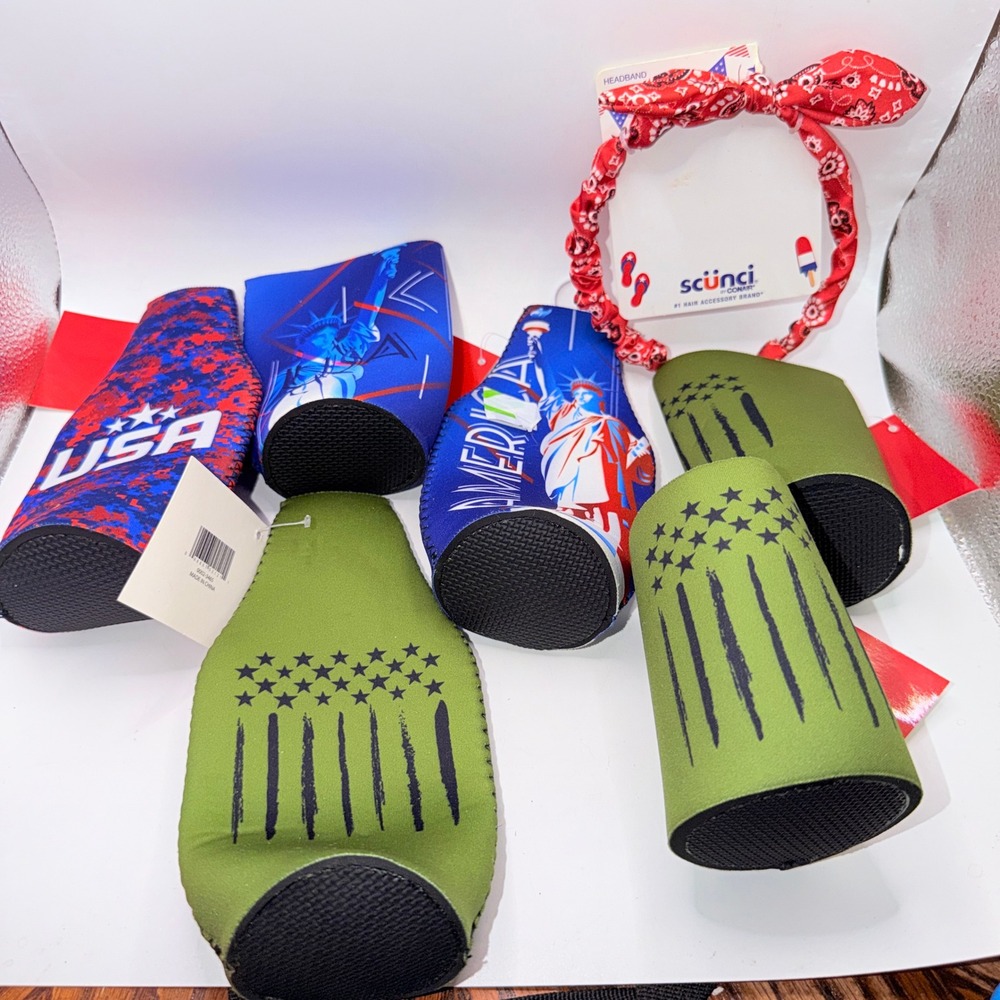 Scunci USA Patriotic Flag Statue of Liberty Bottle Can Cooler Headband Set